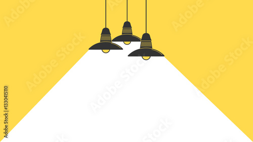 Black silhouette of electric lamps isolated on yellow background. Lamp light projector glowing with scattered rays. Projecting beam of light with place for text. Template for cinema or festive poster.
