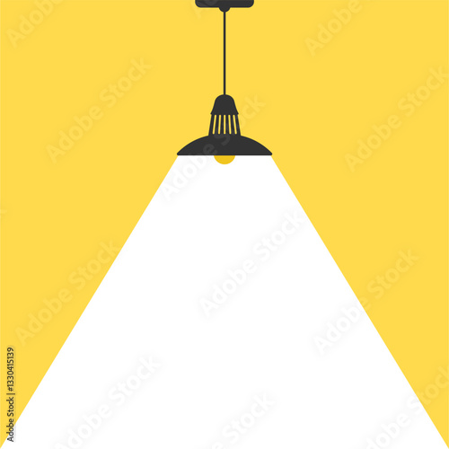 Hanging electric lamp shines beam of light. Lamp silhouette icon. Electric lamp shines on yellow banner with space for text. Template for cinema banner, brochure, flyer, poster. Movie time concept.