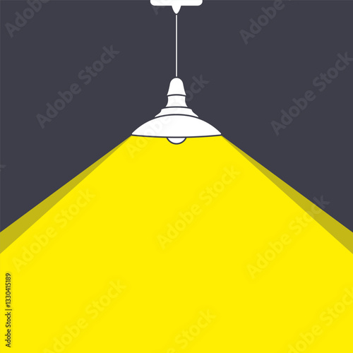 Hanging electric lamp shines beam of yellow light. Spotlight shines on black banner with space for text.. Light lamp projector icon. Cinema background. Template for banner, brochure, flyer, poster.