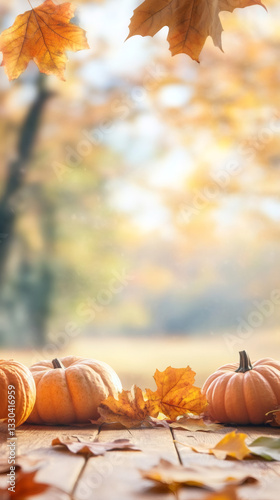 Pumpkins and colorful autumn leaves lying on a wooden table with a blurred park in the background