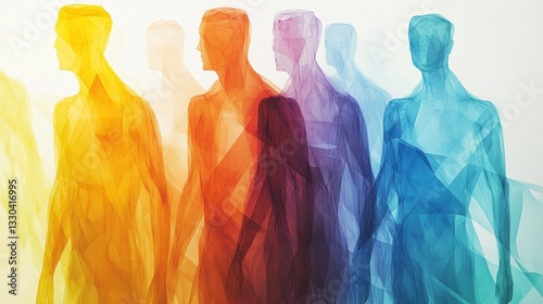 Abstract figures of people in various shades of the rainbow, walking in a line, appearing translucent and ethereal.