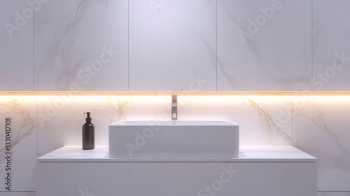 Modern minimalist bathroom sink with hidden warm lighting set against a marble wall isolated on white background.