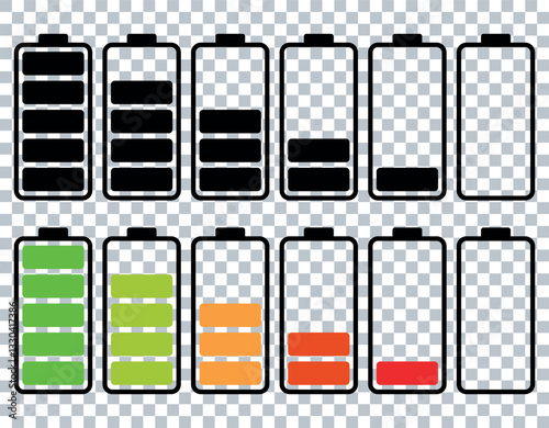 Set of different battery level. Battery charging, charge indicator. Vector battery power icon powerfully charged.