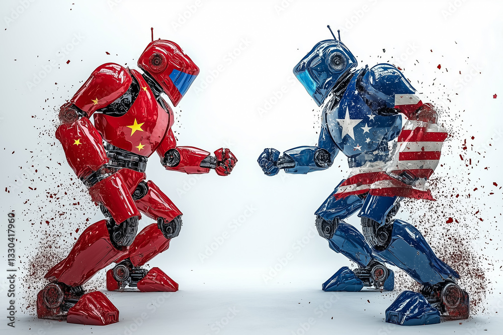 USA and Chinese Robots Face Each Other Digitally in Battle Scenes USA and Chinese Robots Face Each Other Digitally in Battle Scenes