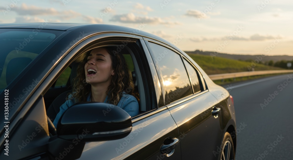 A joyful woman in her early 30s sings passionately while driving her car on a highway, viewed from an external front perspective where the entire vehicle is visible A joyful woman in her early 30s sings passionately while driving her car on a highway, viewed from an external front perspective where the entire vehicle is visible
