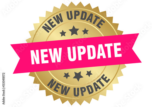 new update. new update round pink and gold label isolated on transparent background