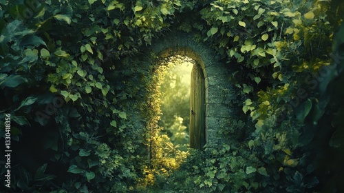 Wallpaper Mural An arched stone doorway overgrown with green lush vegetation is depicted Torontodigital.ca