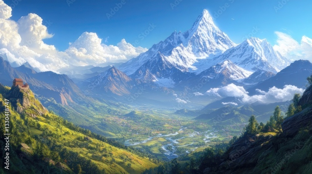 Fototapeta premium Lush valley nestled amidst snow-capped peaks