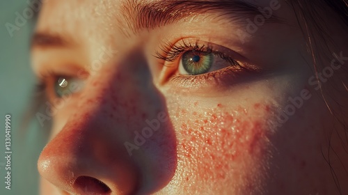 Close-up of a young woman's face with acne and freckles, sunlit skin.