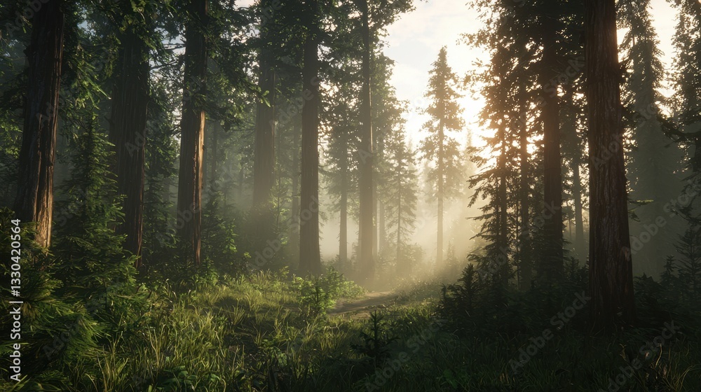 Sunlight cascades through the towering trees in a tranquil forest. Mist hovers above the ground, creating a magical atmosphere in the early morning Sunlight cascades through the towering trees in a tranquil forest. Mist hovers above the ground, creating a magical atmosphere in the early morning