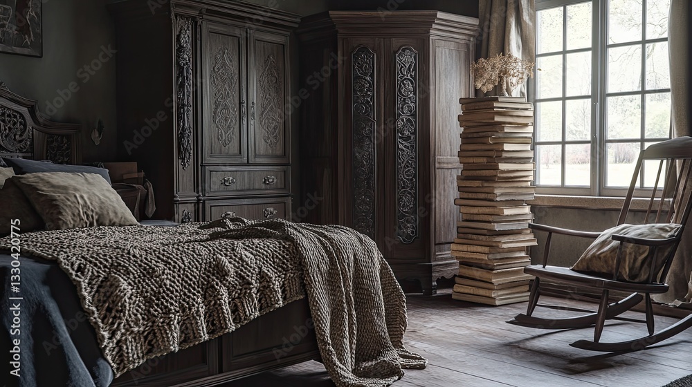 Fototapeta premium A secluded countryside vintage bedroom with dark oak furniture