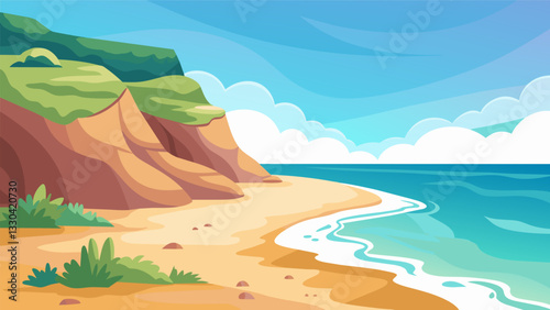 A secluded beach with soft sands and crashing waves offering a tranquil spot for outdoor meditation.. Vector illustration