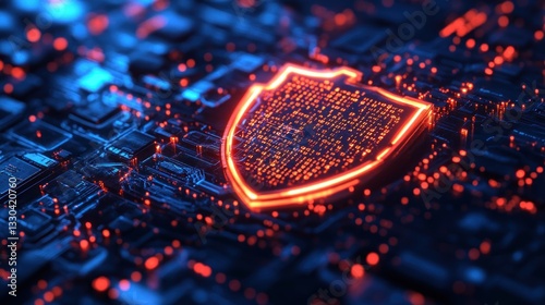 Abstract glowing shield graphic on a circuit board.
