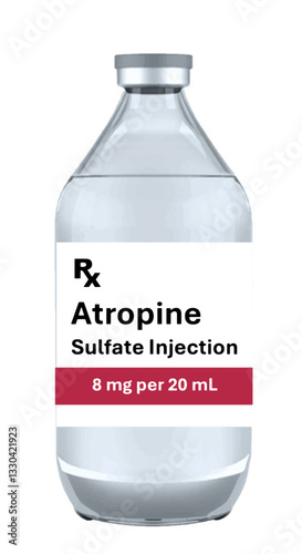 Atropine vial. Atropine Sulfate Injection, 8 mg per 20 mL multiple-dose vial. Atropine is a muscarinic antagonist. Intravenous, intramuscular, intratracheal. Atropine medicine vial illustration.