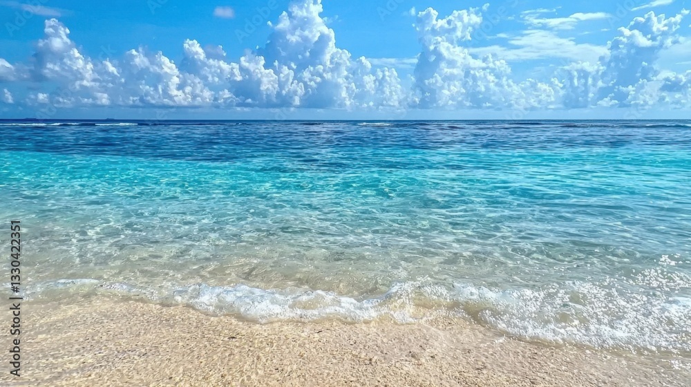 Fototapeta premium Waves softly roll onto a pristine beach with fine sand. The bright blue ocean stretches into the horizon, dotted with fluffy white clouds. Perfect weather invites relaxation and enjoyment