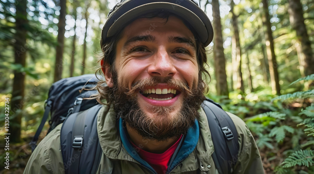 Portrait of cheerful handsome bearded hiker backpacker Exploring Forest – Adventure and Travel Concept, people background