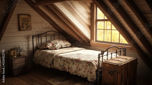 A small cozy vintage bedroom tucked into an attic