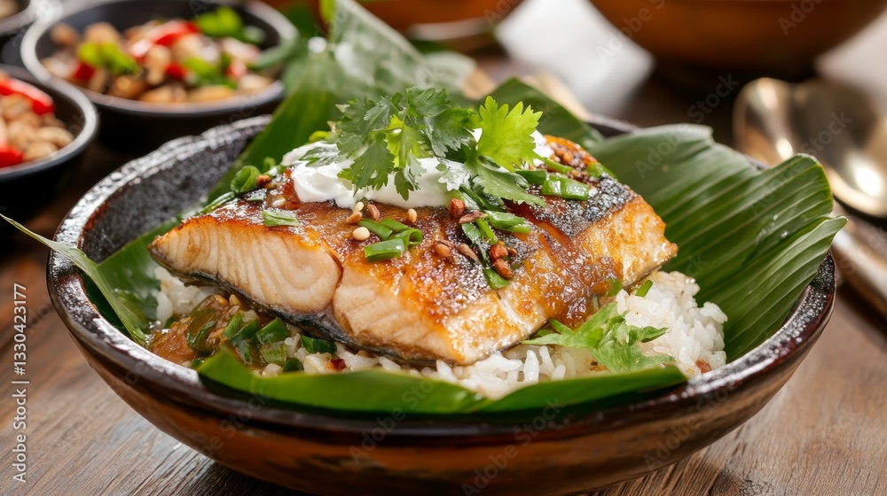 Traditional Cambodian fish amok served in a banana leaf bowl with vibrant Southeast Asian tableware and fresh herb garnishes Traditional Cambodian fish amok served in a banana leaf bowl with vibrant Southeast Asian tableware and fresh herb garnishes