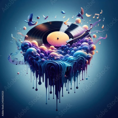 Surreal vinyl record explosion with musical notes and glowing clouds, symbolizing the power of music photo