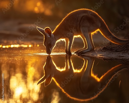 Dramatic backlit shot of an Agile Wallaby drinking from a calm river its reflection shimmering on the glassy water golden hour light adding a warm glow to the composition
