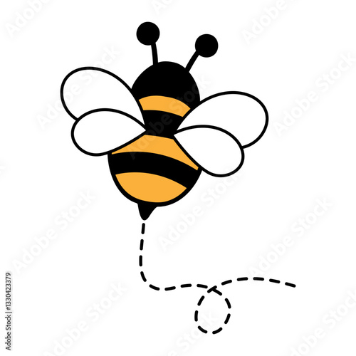 Bee flying with dotted route. Busy bumblebee path. Vector illustration isolated on white.