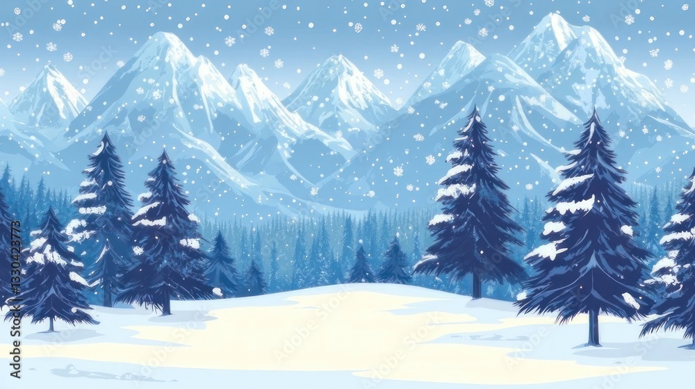 Fototapeta premium Snowy winter mountain landscape with fir trees