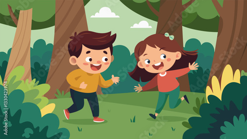 A spirited game of tag between siblings with the forest providing ample hiding spots and the occasional burst of laughter echoing through the trees.. Vector illustration
