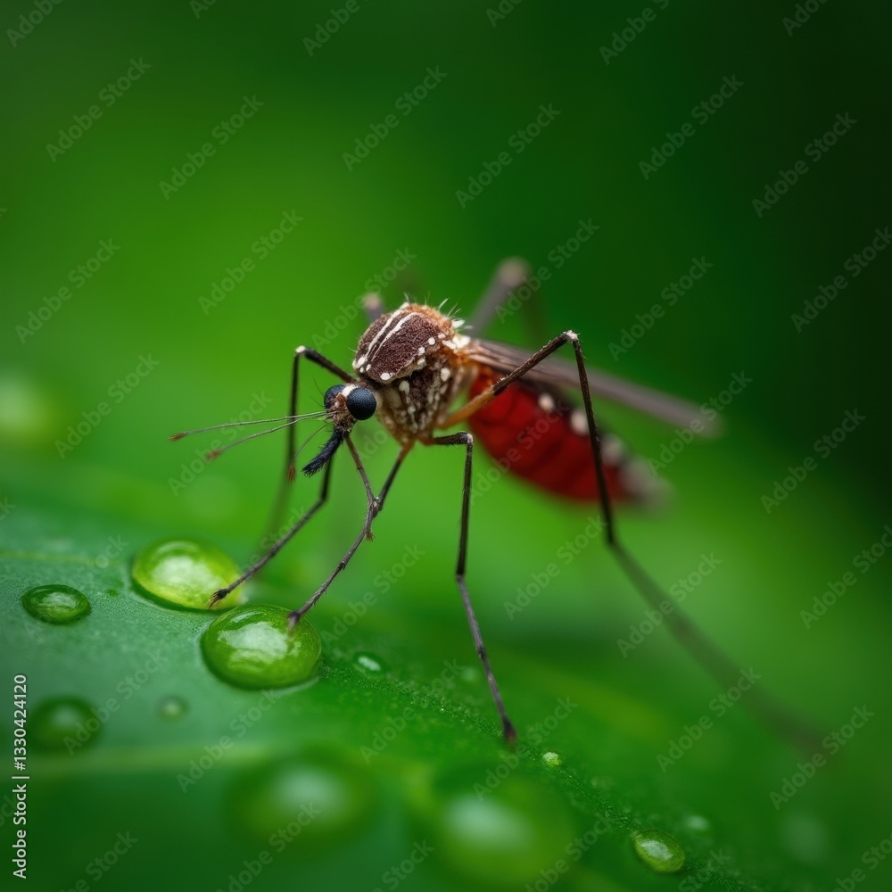Tropical mosquito on wet leaf in close-up, sharp focus, vibrant green for nature theme. Tropical mosquito on wet leaf in close-up, sharp focus, vibrant green for nature theme.