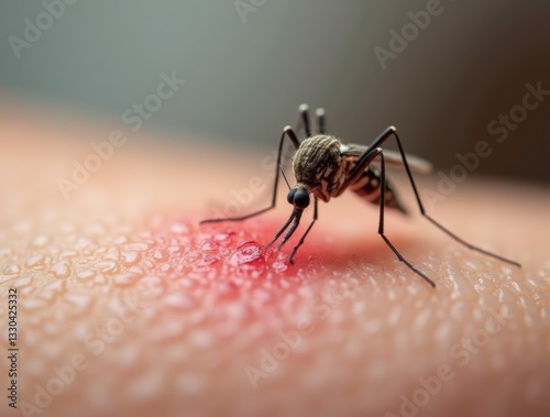 Mosquito biting skin with red swelling in macro, cool tones, medical style for allergy focus.