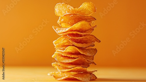 Sweet potato chips tower against orange backdrop