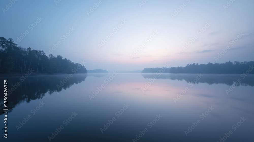 Fototapeta premium Lake reflecting pale sky in white night, distant trees, soft light for tranquility theme.