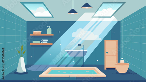 A tranquil bathroom with a skylight above the shower allowing for a serene and refreshing experience while getting ready for the day.. Vector illustration