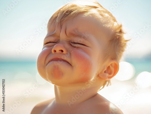 Close-up of a crying baby with sunburned cheeks on a sunny beach
