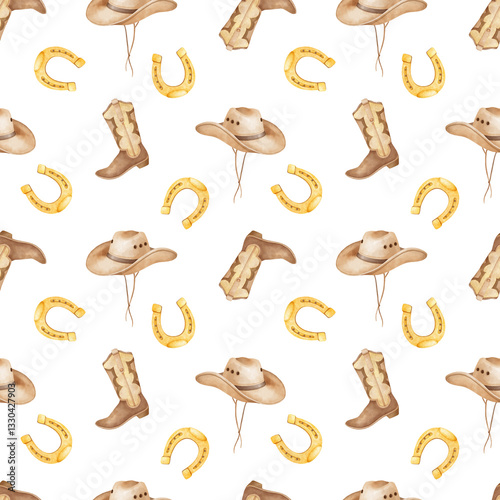 cowboy hat, cowboy boots, horseshoe, coins, revolver, sheriff badge. Watercolor seamless pattern on white background. Cute cowboy illustration for textiles and packaging
