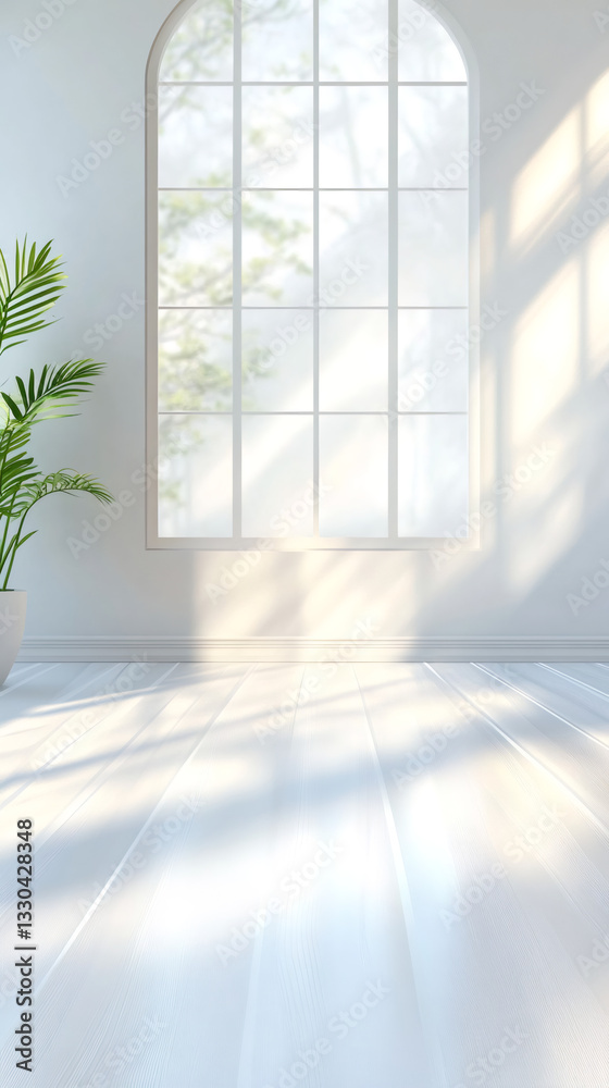 Empty room with arched window, potted plant and white wooden floor illuminated by sunlight Empty room with arched window, potted plant and white wooden floor illuminated by sunlight