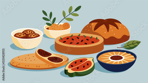 An irresistible combination of savory sundried tomato focaccia hearty rye loaves and fluffy glutenfree rolls served with a trio of sweet and savory. Vector illustration