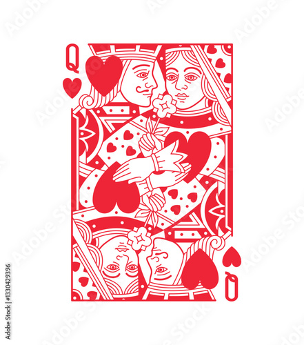 Jack and Queen, men and woman characters, Hearts suit Poker playing card, Design № 2. Vintage classic design, isolated on white, editable stroke line, vector illustration.	