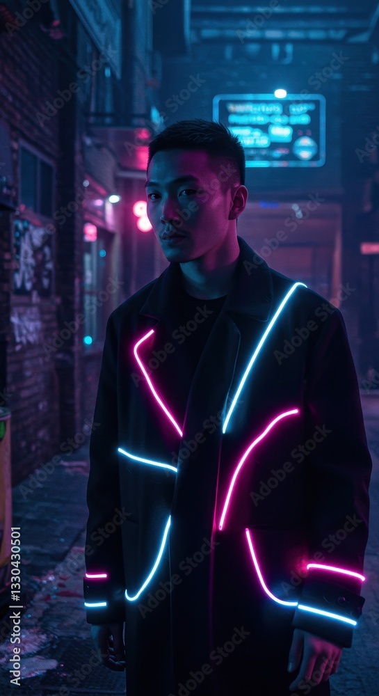 Naklejka premium Neon Nights: Cyberpunk Fashion in City Alley