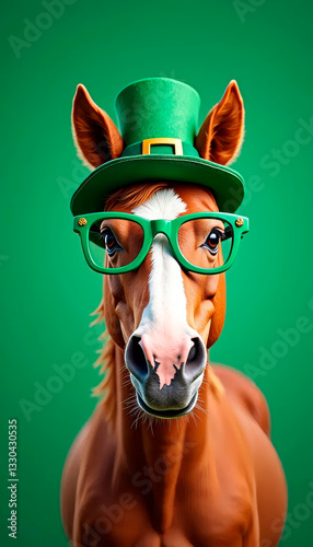 Horse wearing green glasses and a leprechaun hat, festive St. Patrick's Day animal portrait