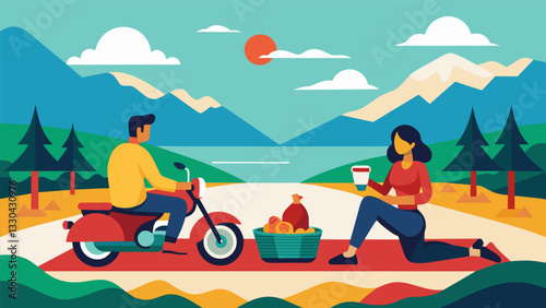 A man and his wife each on their own motorcycle taking a break to enjoy a picnic lunch by a tranquil lake on their road trip.. Vector illustration
