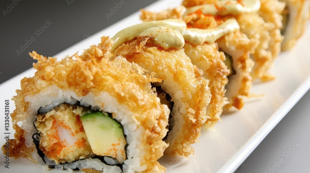 A selection of crispy sushi rolls is beautifully arranged on a white plate A selection of crispy sushi rolls is beautifully arranged on a white plate