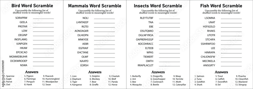 Obraz premium Animals Word Scramble and Puzzle, Collection of Insects, Mammals, Birds, Fish Leisure, Hobby and Fun Educational Game for Kids, Teens & Adults