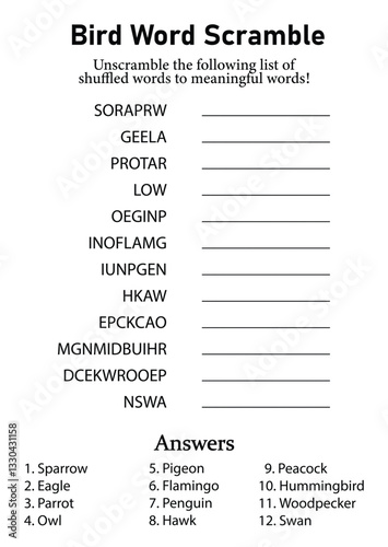 Birds Word Scramble and Puzzle, Animals Leisure, Hobby and Fun Educational Game for Kids, Teens and Adults