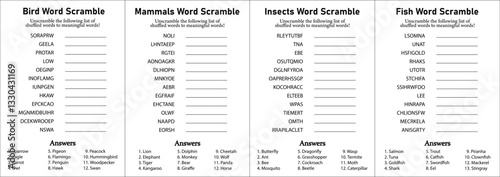 Animals Word Scramble and Puzzle, Collection of Insects, Mammals, Birds, Fish Leisure, Hobby and Fun Educational Game for Kids, Teens & Adults