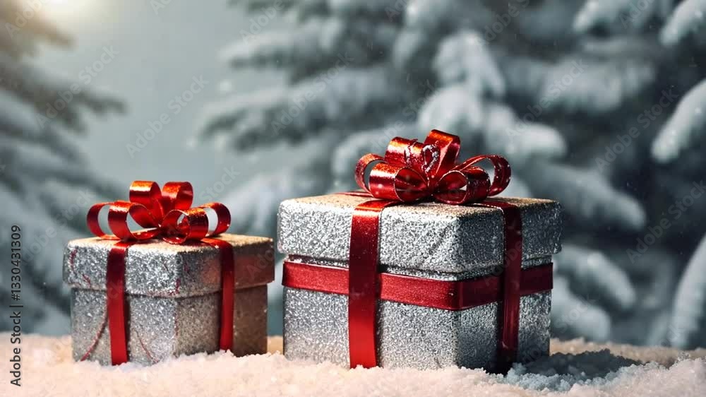 Weihnachtliche Geschenke auf verschneitem Hintergrund