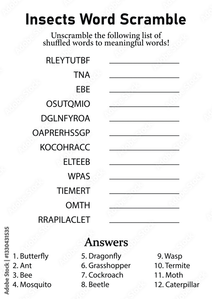 Insects Word Scramble and Puzzle, Animals Leisure, Hobby and Fun Educational Game for Kids, Teens & Adults Insects Word Scramble and Puzzle, Animals Leisure, Hobby and Fun Educational Game for Kids, Teens & Adults
