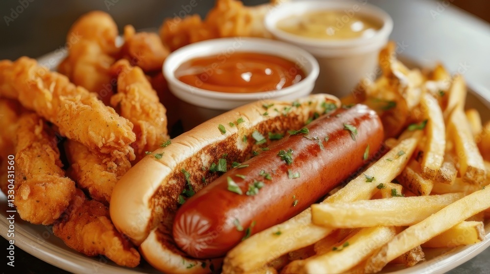 Fried chicken, hot dog, fries, and dipping sauces Fried chicken, hot dog, fries, and dipping sauces