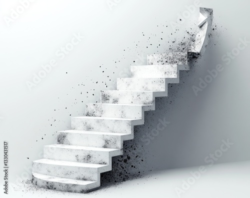 Abstract marble staircase ascent, white room, particles, upward trend photo