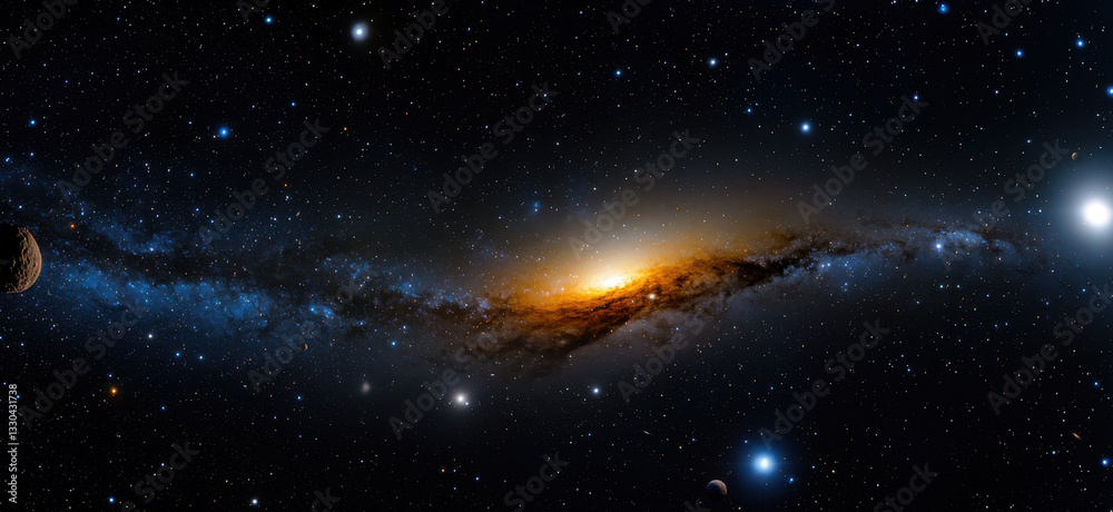 Fototapeta premium A breathtaking view of a distant galaxy illuminated by stars and surrounded by celestial bodies. The vastness of space creates an awe-inspiring atmosphere at night
