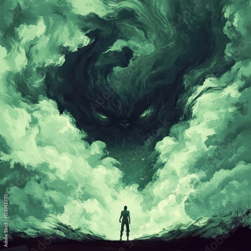 A single person faces a menacing monster in the cloudy sky